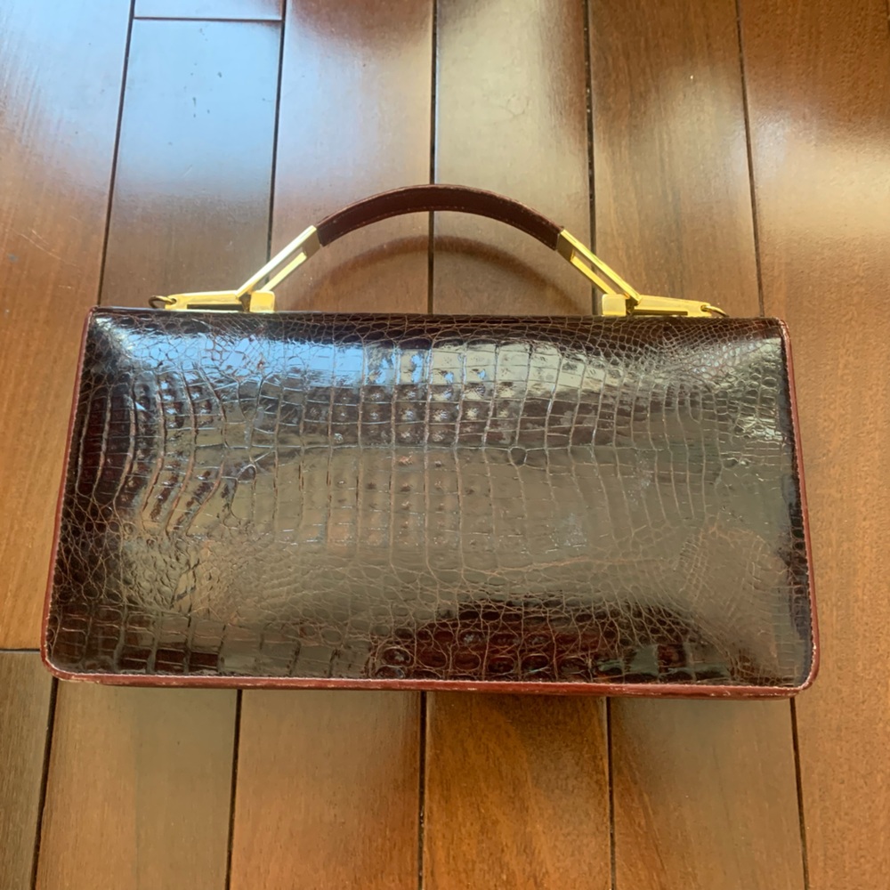 Vintage Genuine Crocodile hard leather top handle purse with matching strap